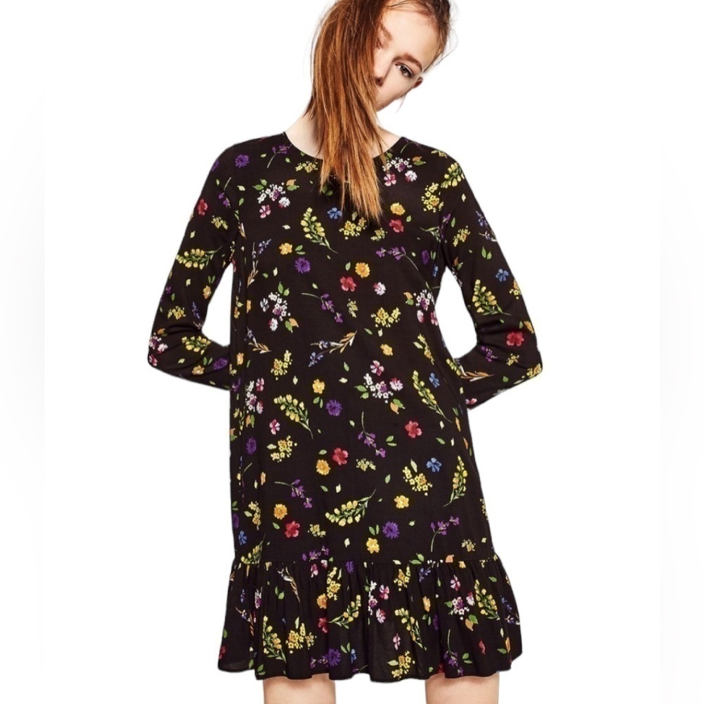 Zara Viscose Black Floral Print Long Sleeve Ruffled Mini Dress